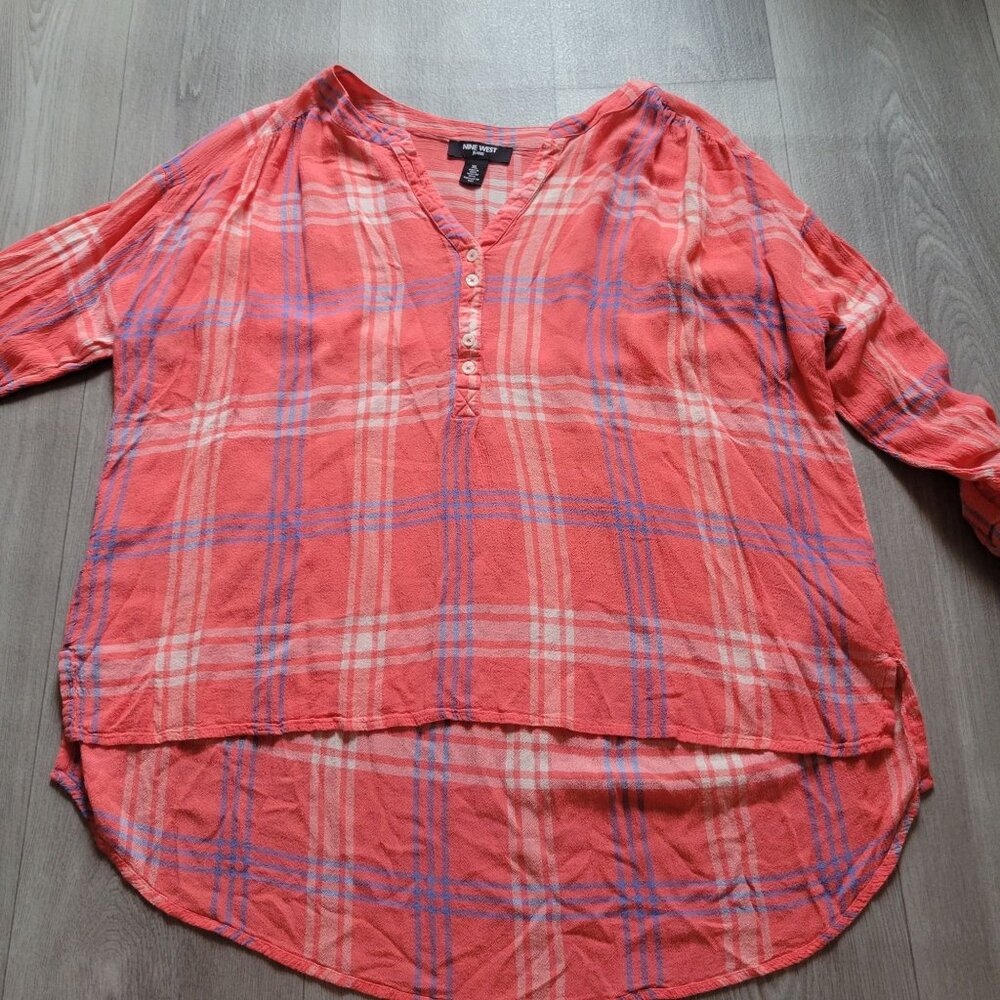 Nine West Jeans Womens Plaid Button-Down Blouse XL